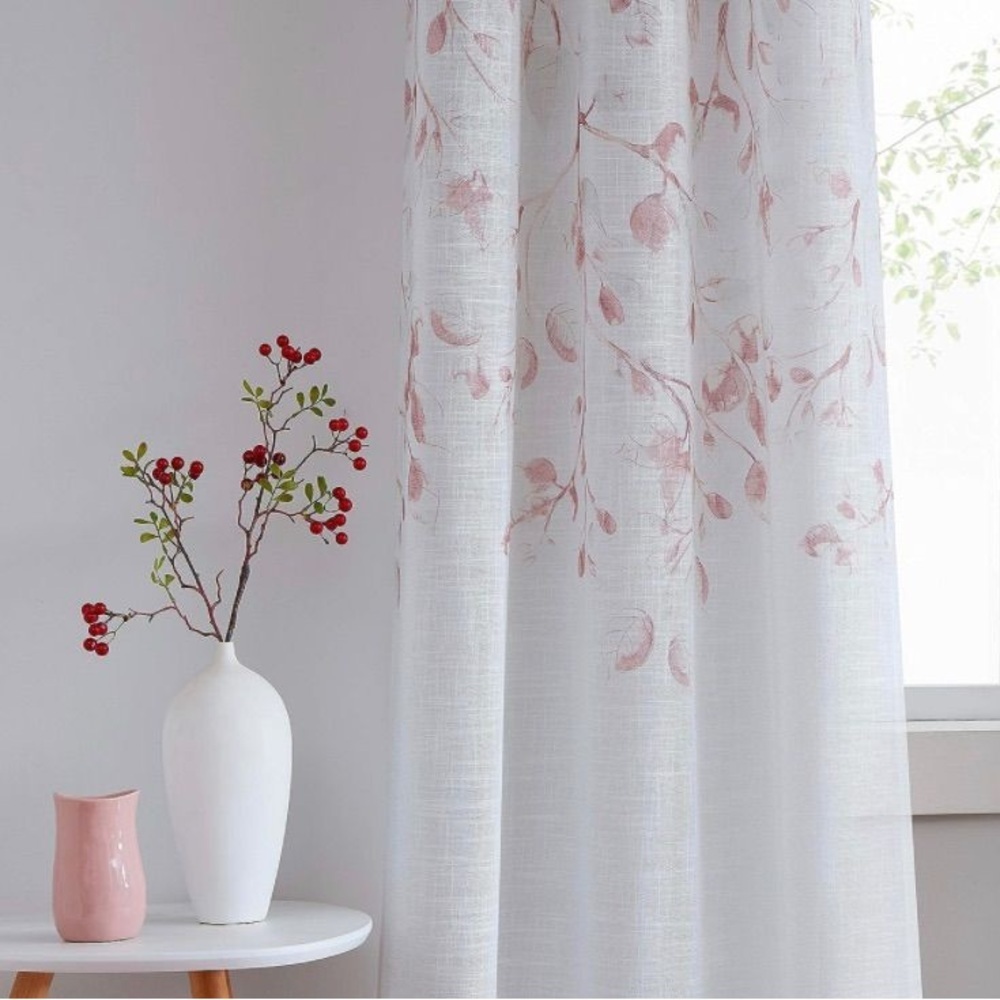 Central Park Leaf Floral Print Metallic Sheer Linen Curtain Panel 40"X95"X2 2 PK